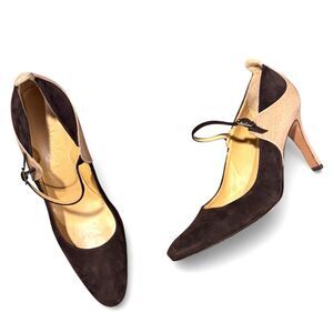 Max Mara Two Tone Italian Embossed Leather Micro Suede Mary Jane Pumps Womens 36